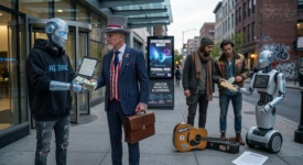 Humanoid robot in black hoodie handing money to man in red, white, and blue striped suit and top hat